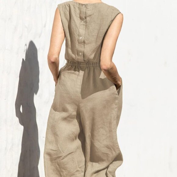 Ginger Tea Sleeveless Loose Fitting Wide Leg Khaki Jumpsuit - Picture 2 of 3